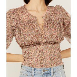 Free People Beatrice Smocked Pullover Top in Brown Pink Floral Sz SM